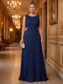 Plus Size Chiffon Navy Blue Evening Dresses Boat Neck Formal Dress Wedding Guest