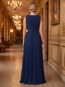 Plus Size Chiffon Navy Blue Evening Dresses Boat Neck Formal Dress Wedding Guest