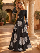 Floral Print Black Formal Dresses A Line Boat Neck Long Sleeves Wedding Guest Maxi Dresses