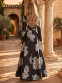 Floral Print Black Formal Dresses A Line Boat Neck Long Sleeves Wedding Guest Maxi Dresses