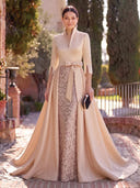 Sequin Long Evening Dresses with Belt Mermaid 3/4 Sleeves Formal Dress Satin Gala Dress
