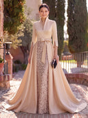 Sequin Long Evening Dresses with Belt Mermaid 3/4 Sleeves Formal Dress Satin Gala Dress