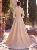 Sequin Long Evening Dresses with Belt Mermaid 3/4 Sleeves Formal Dress Satin Gala Dress