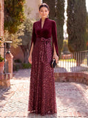 Velvet Long Evening Dresses with Belt Mermaid 3/4 Sleeves Formal Dress Sequin Gala Dress