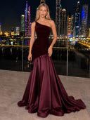 Velvet Evening Dresses One Shoulder Mermaid Formal Dress Wedding Guest