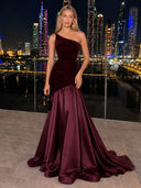 Velvet Evening Dresses One Shoulder Mermaid Formal Dress Wedding Guest