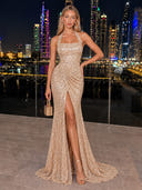 Velvet Sequin Evening Dresses with Slit Halter Mermaid Formal Dress Wedding Guest