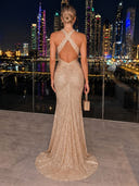 Velvet Sequin Evening Dresses with Slit Halter Mermaid Formal Dress Wedding Guest
