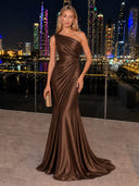 Satin Brown Evening Dresses One Shoulder Mermaid Formal Dress Wedding Guest
