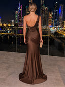 Satin Brown Evening Dresses One Shoulder Mermaid Formal Dress Wedding Guest