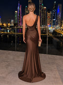 Satin Brown Evening Dresses One Shoulder Mermaid Formal Dress Wedding Guest