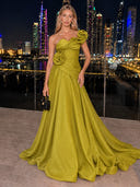 Satin Evening Dresses One Shoulder A Line Formal Dress with Flower Ball Gown