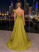 Satin Evening Dresses One Shoulder A Line Formal Dress with Flower Ball Gown