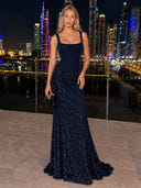 Sequin Evening Dresses Seqare Neck  Mermaid Formal Dress Satin Formal Gala