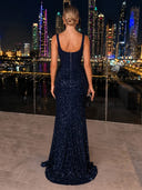 Sequin Evening Dresses Seqare Neck  Mermaid Formal Dress Satin Formal Gala