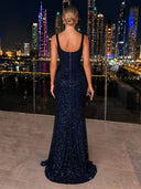 Sequin Evening Dresses Seqare Neck  Mermaid Formal Dress Satin Formal Gala