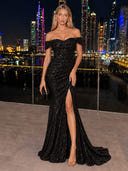 Sequin Black Evening Dresses with Slit Off Shoulder Mermaid Formal Dress Formal Black Tie