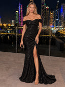 Sequin Black Evening Dresses with Slit Off Shoulder Mermaid Formal Dress Formal Black Tie