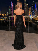 Sequin Black Evening Dresses with Slit Off Shoulder Mermaid Formal Dress Formal Black Tie