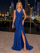 Sequin Evening Dresses with Slit V Neck Mermaid Formal Dress Formal Black Tie