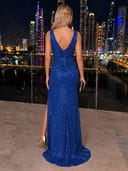 Sequin Evening Dresses with Slit V Neck Mermaid Formal Dress Formal Black Tie