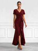 Satin Evening Dresses with Slit V Neck Mermaid Formal Dress Formal Black Tie