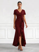 Satin Evening Dresses with Slit V Neck Mermaid Formal Dress Formal Black Tie