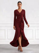 Satin Evening Dresses with Slit V Neck Mermaid Formal Dress Long Sleeves Wedding Guest