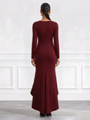 Satin Evening Dresses with Slit V Neck Mermaid Formal Dress Long Sleeves Wedding Guest