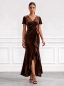 Velvet Evening Dresses with Slit V Neck Mermaid Formal Dress Short Sleeves Wedding Guest