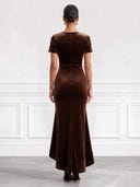 Velvet Evening Dresses with Slit V Neck Mermaid Formal Dress Short Sleeves Wedding Guest