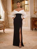 Satin Evening Dresses with Slit Off Shoulder Mermaid Formal Dress Long Elegant Wedding Guest