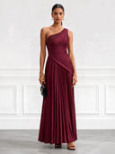 Satin Evening Dresses One Shoulder A-Line/Princess Formal Dress Long Wedding Guest