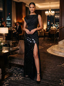 Satin Evening Dresses with Slit Boat Neck Mermaid Formal Dress Long Wedding Party