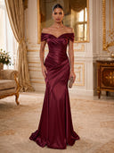 Satin Evening Dresses Off Shoulder Mermaid Formal Dress Pleats Wedding Guest