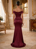 Satin Evening Dresses Off Shoulder Mermaid Formal Dress Pleats Wedding Guest