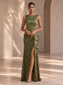 Satin Evening Dresses Boat Neck Mermaid Formal Dress Pleats Sequin Wedding Guest