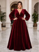Plus Size Velvet Evening Dresses V Neck A Line Formal Dress Evening Gala