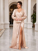 Plus Size Satin Evening Dresses with Slit V Neck Mermaid Formal Dress Wedding Guest