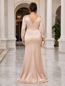 Plus Size Satin Evening Dresses with Slit V Neck Mermaid Formal Dress Wedding Guest