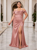 Plus Size Satin Evening Dresses with Slit Mermaid Formal Dress Off Shoulder Wedding Guest