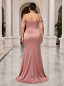 Plus Size Satin Evening Dresses with Slit Mermaid Formal Dress Off Shoulder Wedding Guest