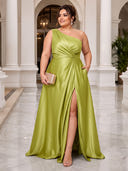 Plus Size Satin Evening Dresses One Shoulder Formal Dress A Line Wedding Guest