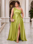 Plus Size Satin Evening Dresses One Shoulder Formal Dress A Line Wedding Guest