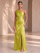 Satin Evening Dresses with Slit One Shoulder Formal Dress Mermaid Wedding Guest