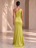 Satin Evening Dresses with Slit One Shoulder Formal Dress Mermaid Wedding Guest