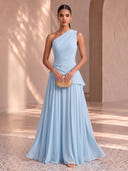 Chiffon Light Blue Evening Dresses One Shoulder Formal Dress A Line Wedding Guest