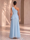 Chiffon Light Blue Evening Dresses One Shoulder Formal Dress A Line Wedding Guest