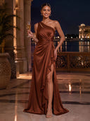 Satin Evening Dresses with Slit One Shoulder Formal Dress Mermaid Wedding Guest