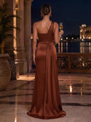 Satin Evening Dresses with Slit One Shoulder Formal Dress Mermaid Wedding Guest